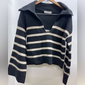 Commense Black and Cream Striped V-Neck wool blend Sweater